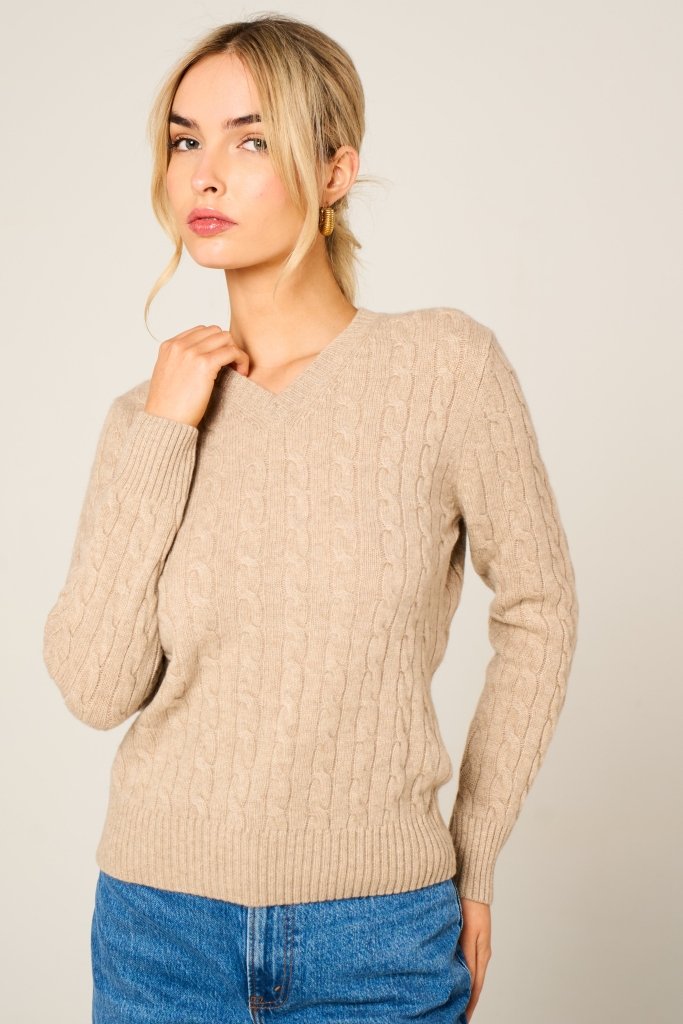 Cashmere Polo Club Larisa Ladies V - Neck Pullover Allover Cable Knit Eco Stone - 100% Cashmere - Fragrance London