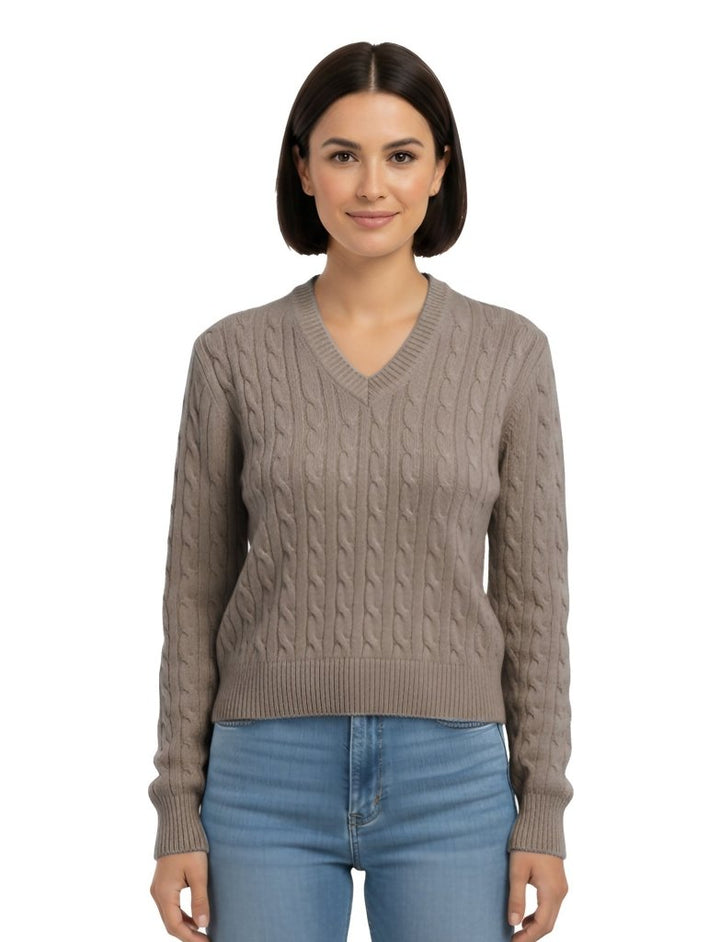 Cashmere Polo Club Larisa Ladies V - Neck Pullover Allover Cable Knit Eco Stone - 100% Cashmere - Fragrance London