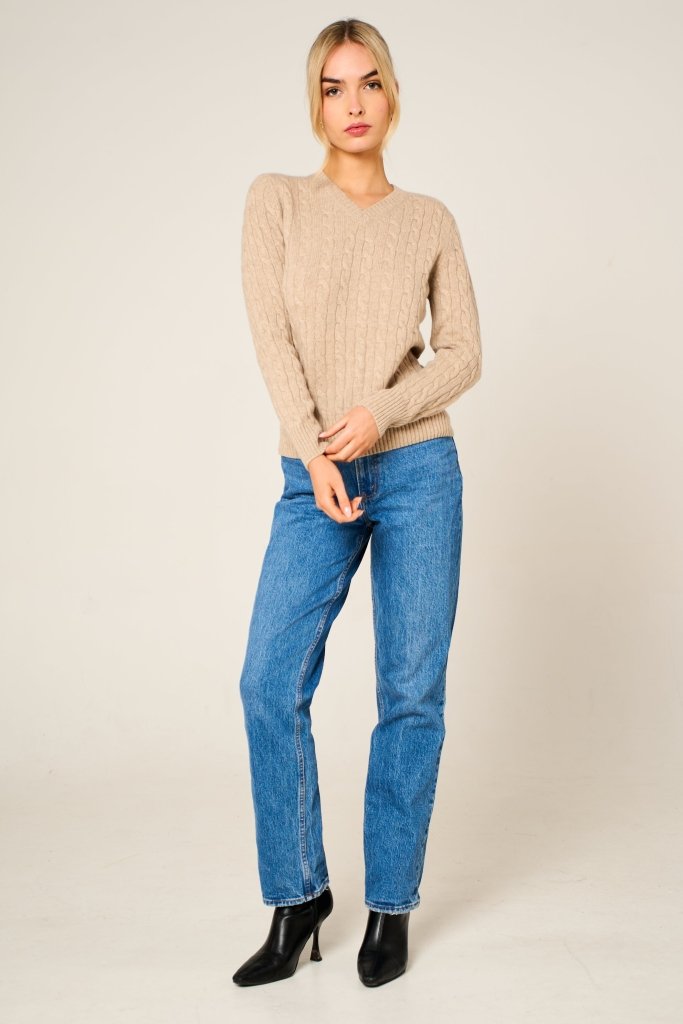 Cashmere Polo Club Larisa Ladies V - Neck Pullover Allover Cable Knit Eco Stone - 100% Cashmere - Fragrance London