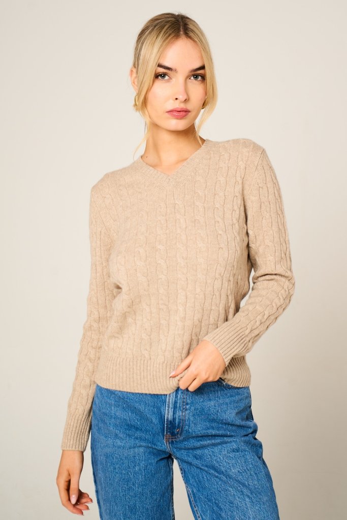 Cashmere Polo Club Larisa Ladies V - Neck Pullover Allover Cable Knit Eco Stone - 100% Cashmere - Fragrance London
