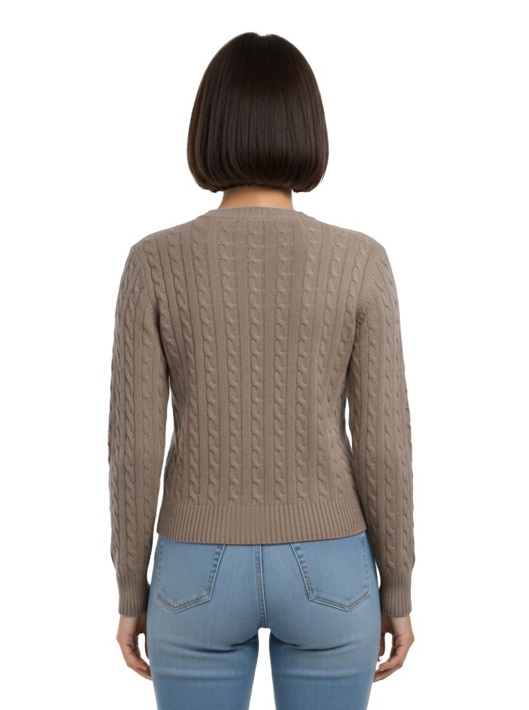 Cashmere Polo Club Larisa Ladies V - Neck Pullover Allover Cable Knit Eco Stone - 100% Cashmere - Fragrance London