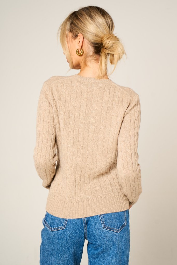 Cashmere Polo Club Larisa Ladies V - Neck Pullover Allover Cable Knit Eco Stone - 100% Cashmere - Fragrance London