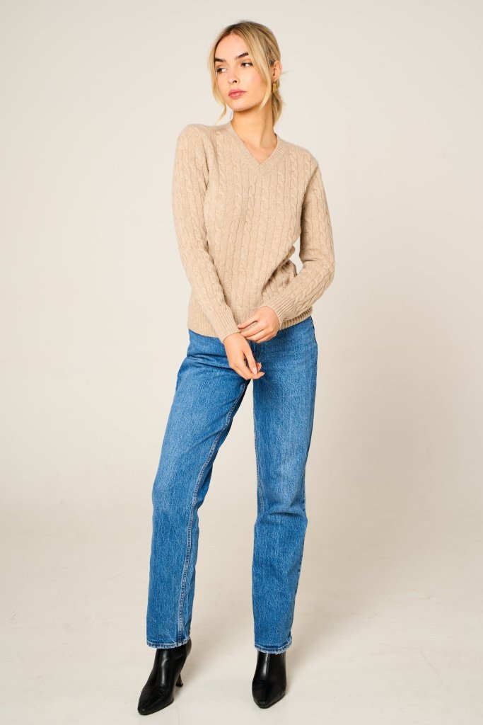 Cashmere Polo Club Larisa Ladies V - Neck Pullover Allover Cable Knit Eco Stone - 100% Cashmere - Fragrance London