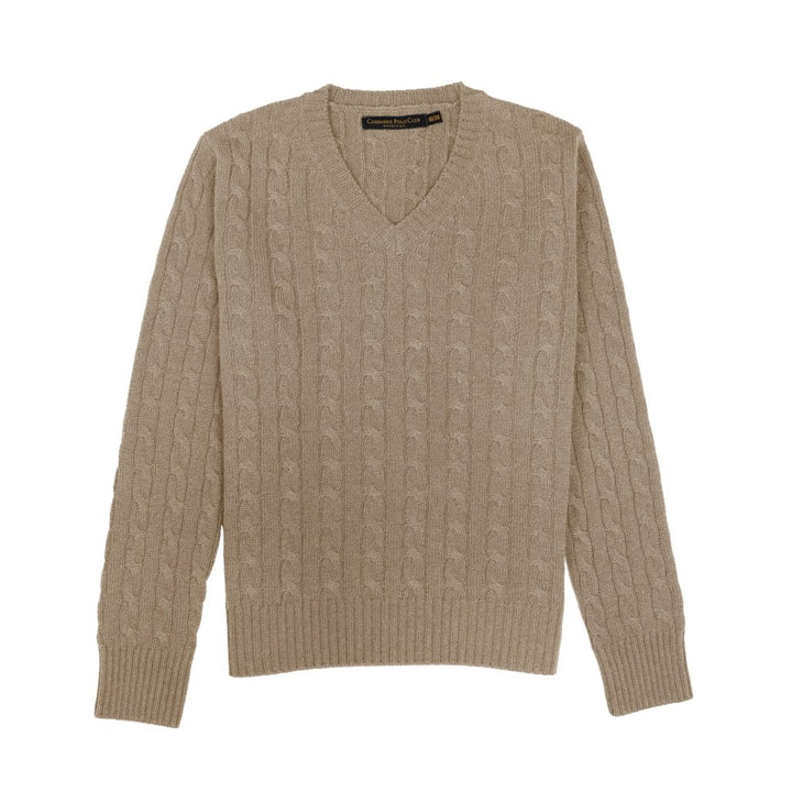 Cashmere Polo Club Larisa Ladies V - Neck Pullover Allover Cable Knit Eco Stone - 100% Cashmere - Fragrance London