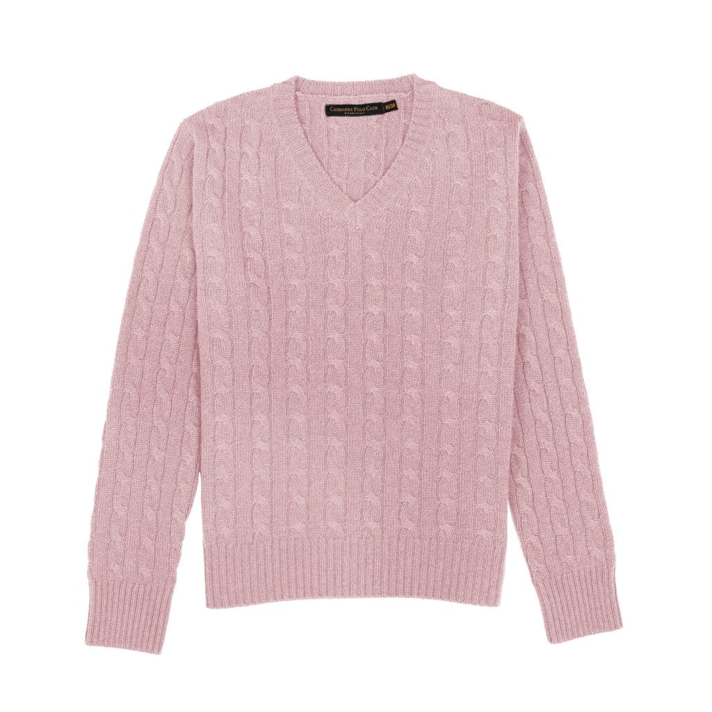 Cashmere Polo Club Larisa Ladies V - Neck Pullover Allover Cable Knit Pixie - 100% Cashmere - Fragrance London