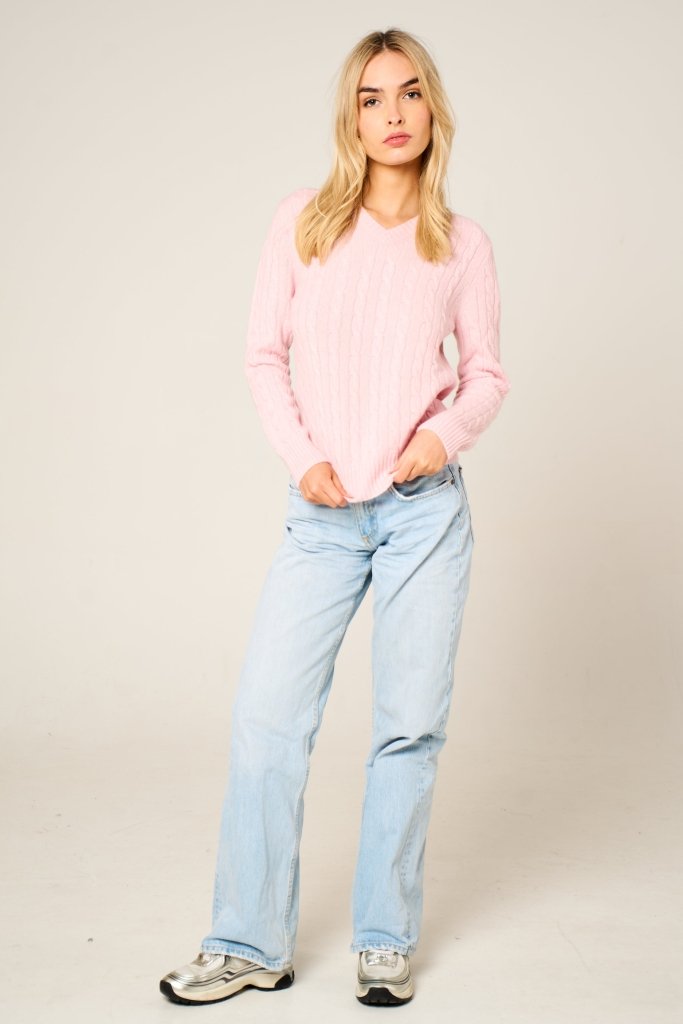 Cashmere Polo Club Larisa Ladies V - Neck Pullover Allover Cable Knit Pixie - 100% Cashmere - Fragrance London