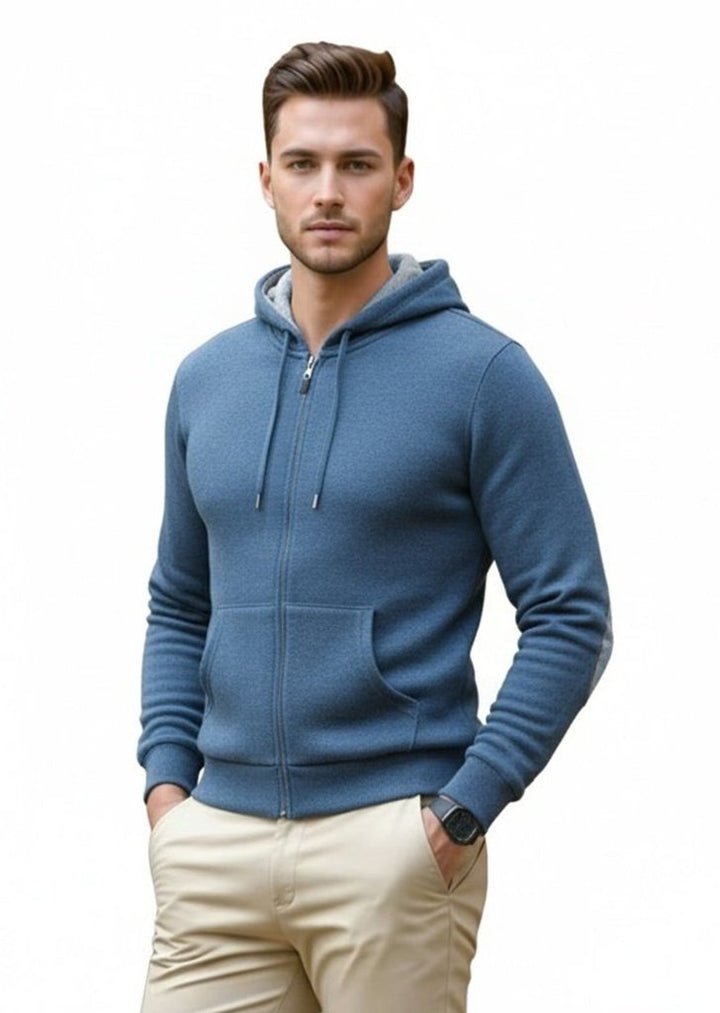 Cashmere Polo Club Logan Men’s Inner Contrast Hooded Full Zip Cardigan Baltic - 100% Cashmere - Fragrance London