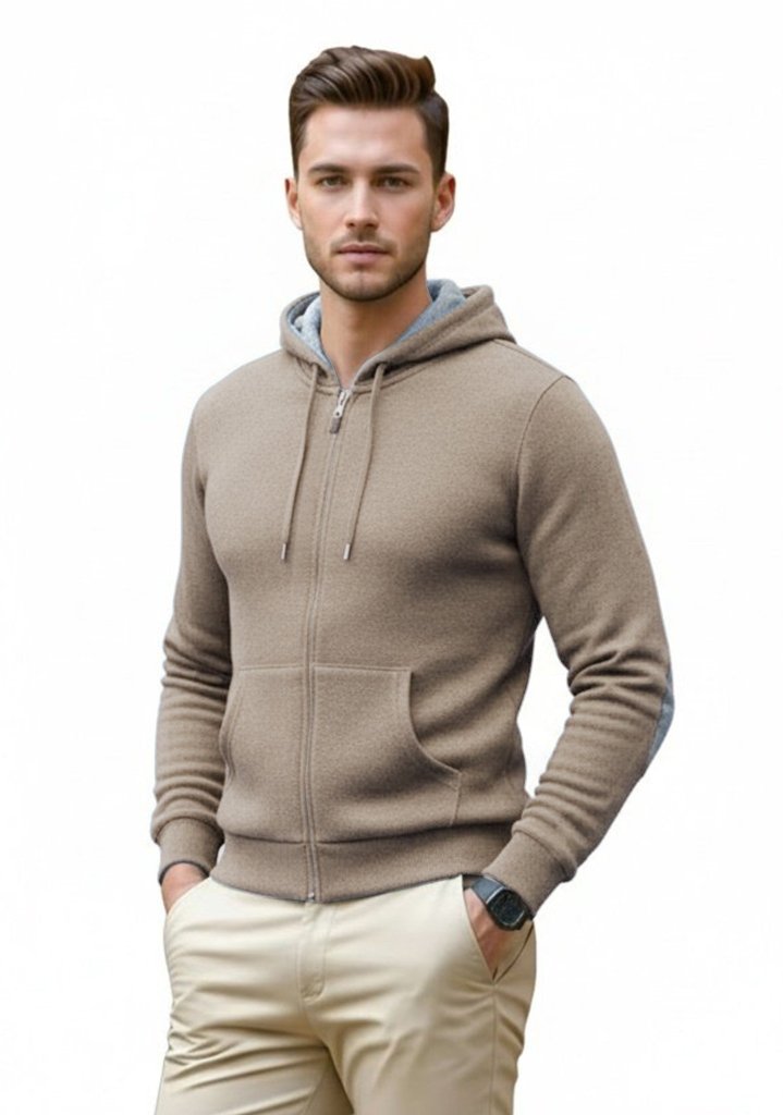 Cashmere Polo Club Logan Men’s Inner Contrast Hooded Full Zip Cardigan Eco Stone - 100% Cashmere - Fragrance London