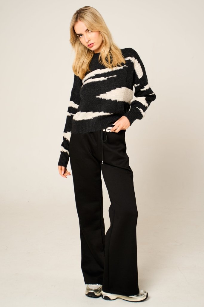 Cashmere Polo Club Zuri Ladies Round Neck Pullover Intarsia Knit Charcoal - 100% Cashmere - Fragrance London