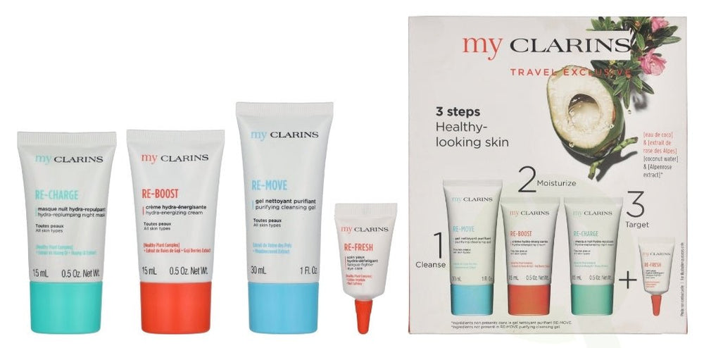 Clarins Grab and Go Set (Cleansing Gel 30ml + Reboost Cream 15ml + Recharge Mask 15ml + Eyes 3ml) - Fragrance London