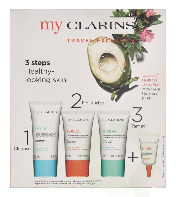 Clarins Grab and Go Set (Cleansing Gel 30ml + Reboost Cream 15ml + Recharge Mask 15ml + Eyes 3ml) - Fragrance London
