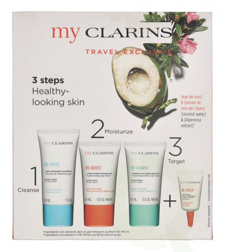 Clarins Grab and Go Set (Cleansing Gel 30ml + Reboost Cream 15ml + Recharge Mask 15ml + Eyes 3ml) - Fragrance London