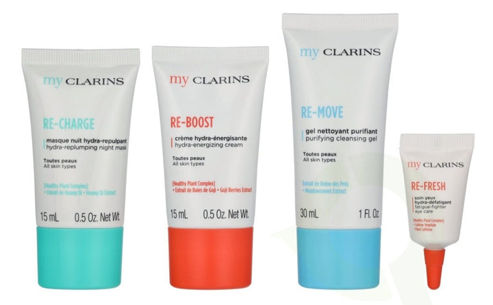 Clarins Grab and Go Set (Cleansing Gel 30ml + Reboost Cream 15ml + Recharge Mask 15ml + Eyes 3ml) - Fragrance London