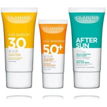 Clarins Suncare Travel Set (Face Cream SPF50 30ml + Body Cream SPF30 75ml + After Sun Balm 75ml) - Fragrance London