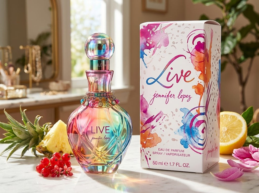 Jennifer Lopez Live Eau De Parfum 50ml glass bottle with multicolored iridescent ripples and charms, alongside its watercolor-splashed box on a sunlit vanity with tropical fruits and petals
