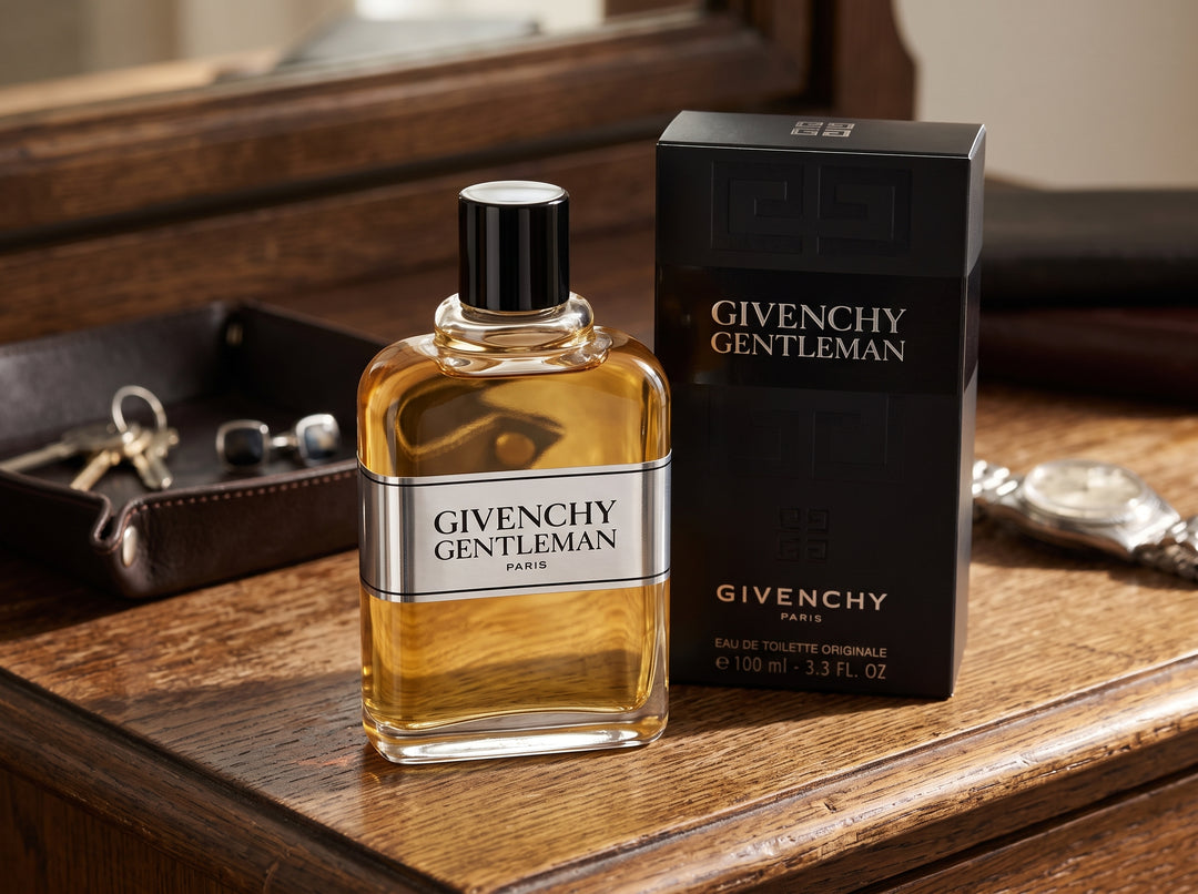 Givenchy Gentleman Original Eau De Toilette 100ml (3.3 fl. oz.) bottle and black retail box on a dark wooden vanity