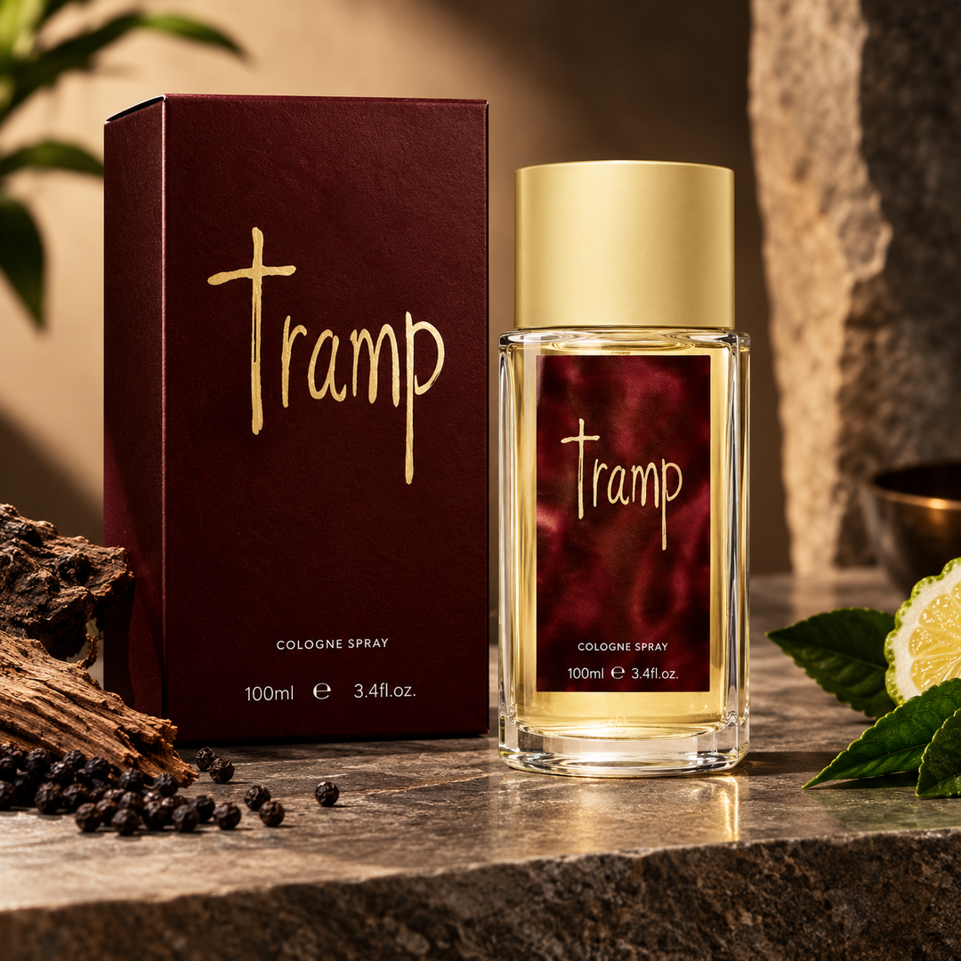 Mayfair Tramp Spray Jumbo 100ml cologne with gold cap and matching burgundy fragrance box