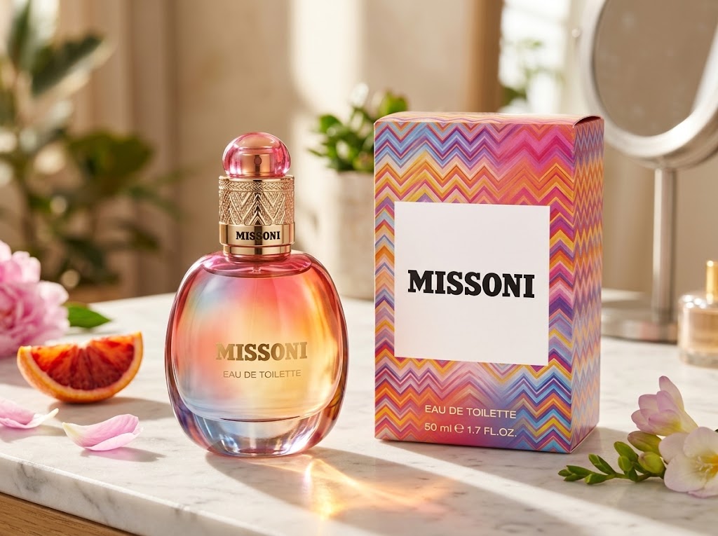 Missoni Eau De Toilette 50ml glass bottle with a colorful pink, orange, and blue gradient, alongside its signature zigzag patterned retail box on a sunlit marble vanity.