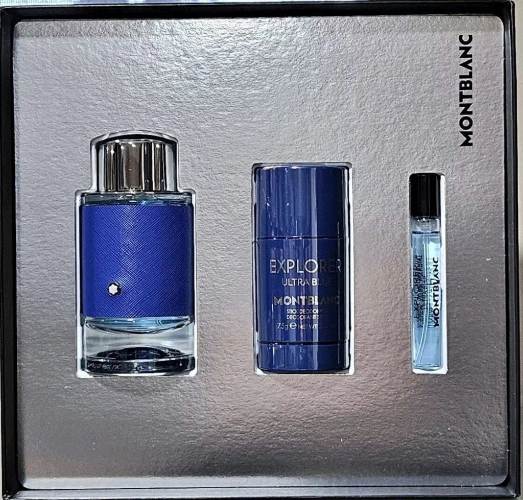 Mont Blanc Explorer Ultra Blue Gift Set (Eau De Parfum 100ml + Deodorant Stick 75ml + Eau De Parfum 7.5ml) - Fragrance London