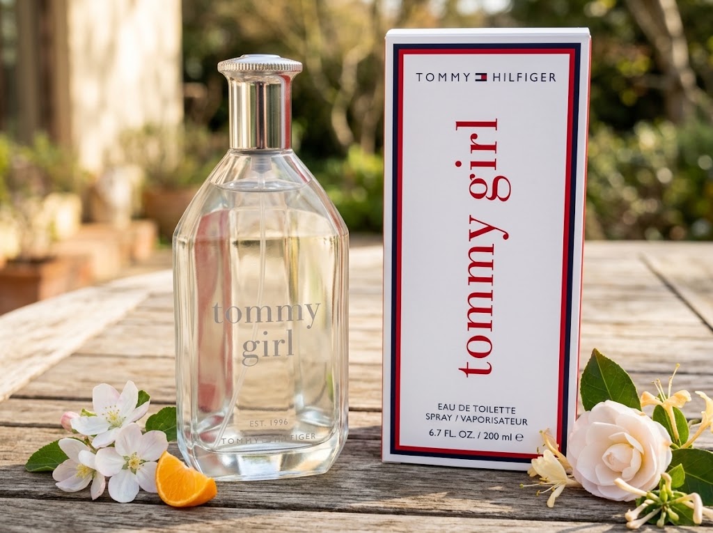 Tommy Hilfiger Tommy Girl Eau De Toilette 200ml glass bottle and its signature white, red, and blue retail box on a sunlit wooden patio table with wild floral accents