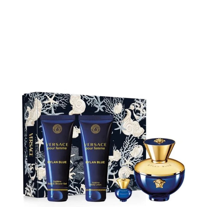Versace Dylan Blue Femme Gift Set (Eau De Parfum 100ml + Body Lotion 100ml + Shower Gel 100ml + Eau De Parfum 5ml) - Fragrance London