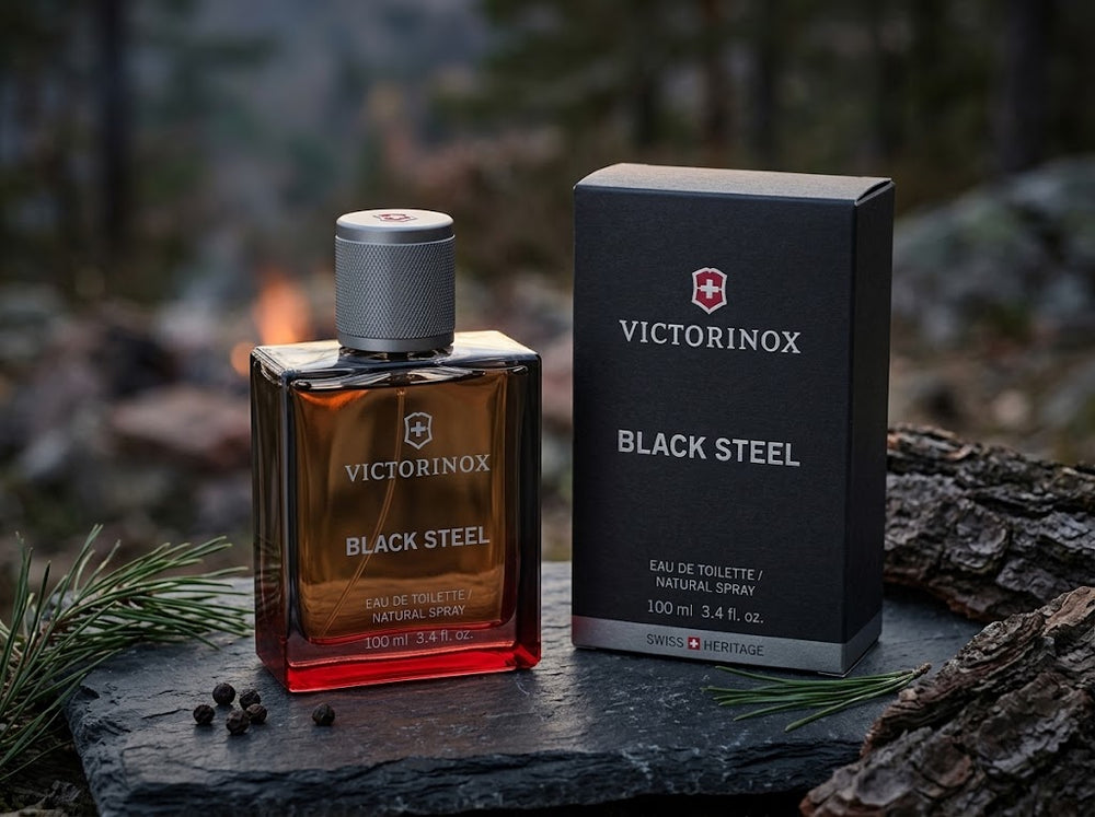 Victorinox Swiss Army Black Steel Eau De Toilette 100ml bottle and black box with Swiss Army red crest on outdoor natural slate