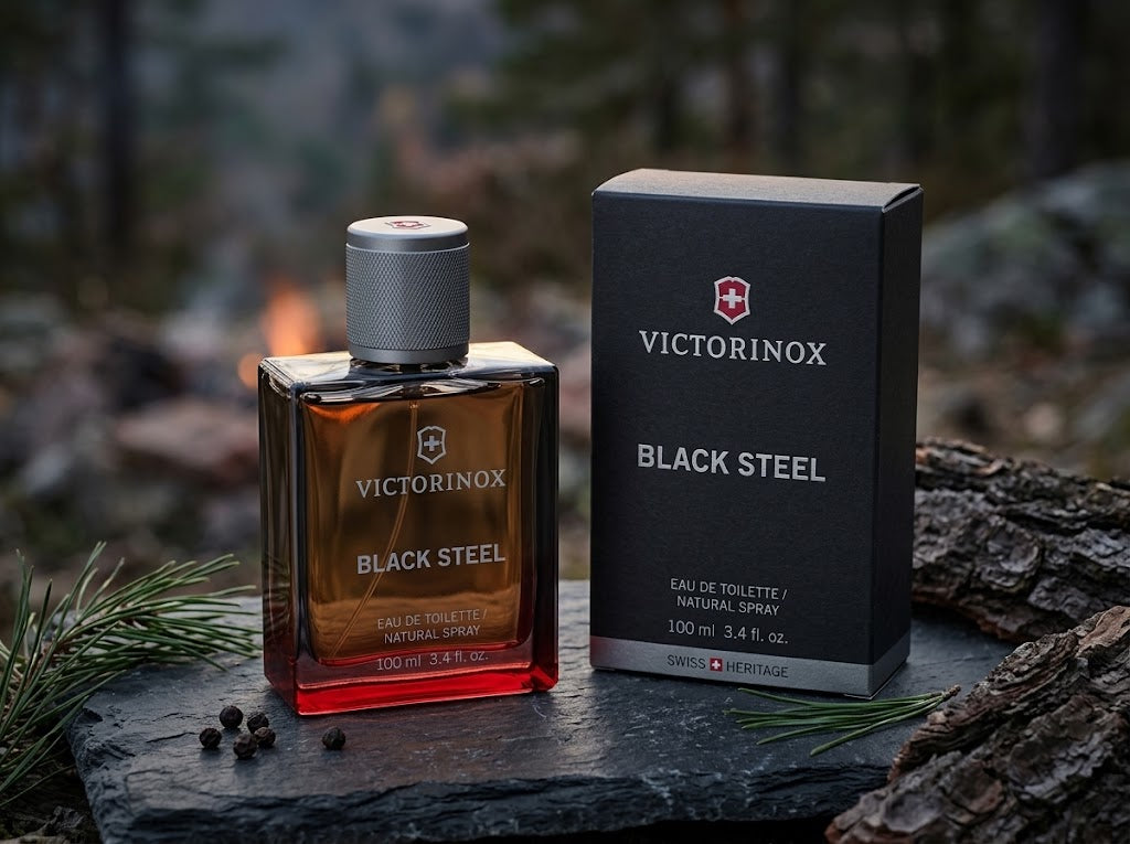 Victorinox Swiss Army Black Steel Eau De Toilette 100ml bottle and black box with Swiss Army red crest on outdoor natural slate